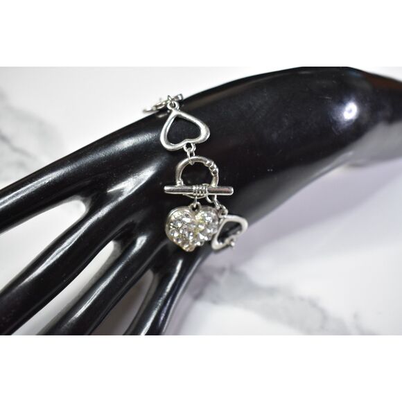 Silver Tone Heart Link Bracelet with Rhinestones - Size 7 - Picture 6 of 8